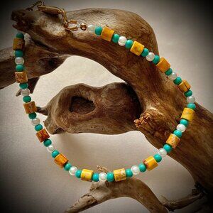 Yellow Sediment Jasper with Turquoise and Mother of Pearl Bracelet, gift for Her